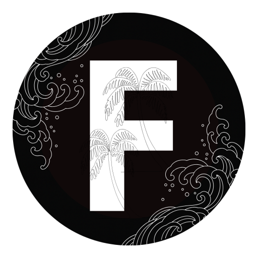 Froyows travel and dive website logo, png format, transparent background with a white capital letter F in the middle and patterns of waves and coconuts for a beach and tropical feel