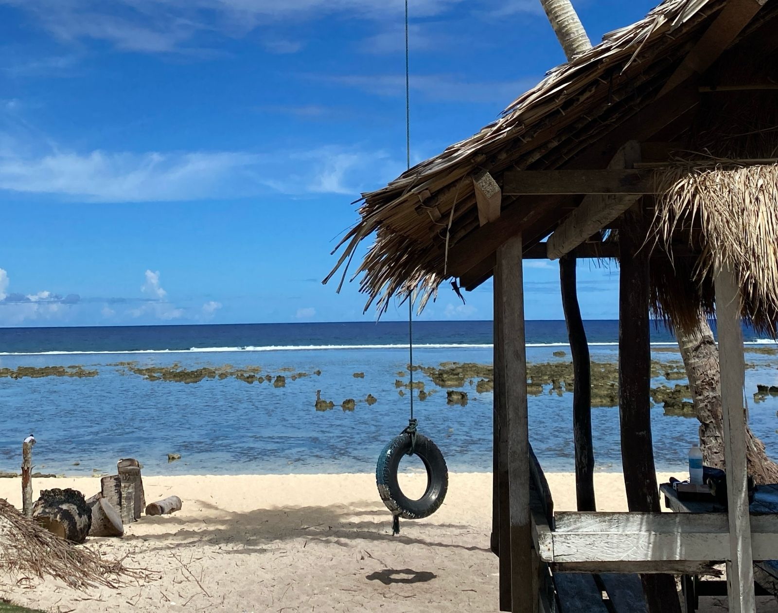 froyows shot of a hut by the beach with a coconut and a tire as a swing