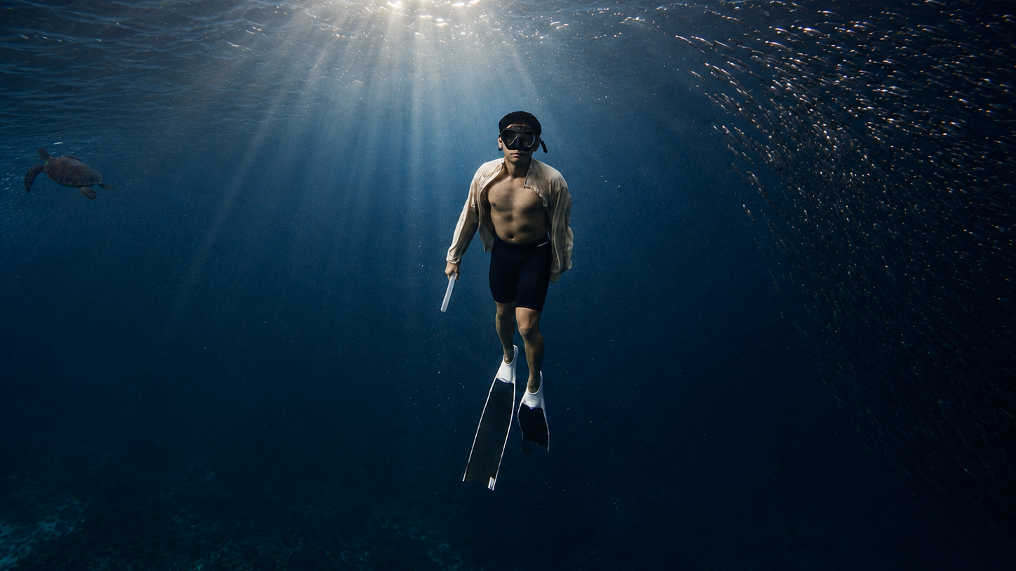 froyows travel and freediving website hero image, froyows founder freediving wearing his iconic polo short and white long fins